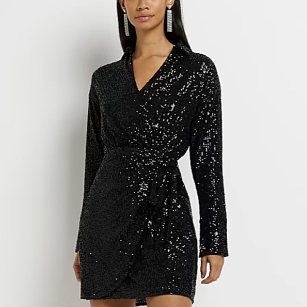 BRAND NEW FOREVER 21 BLACK SEQUINS LONG SLEEVE WRAP MINI V-NECK DRESS